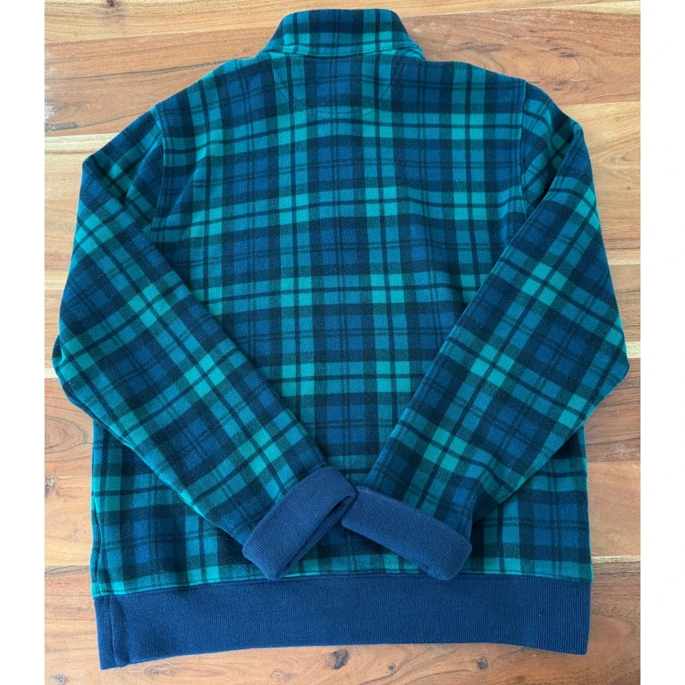 Lands End Mens Medium Plaid Quarter Zip Pullover Green Navy Blue 100% Cotton